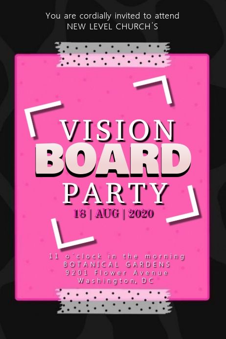 the vision board party flyer is shown in pink and black with geometric shapes on it