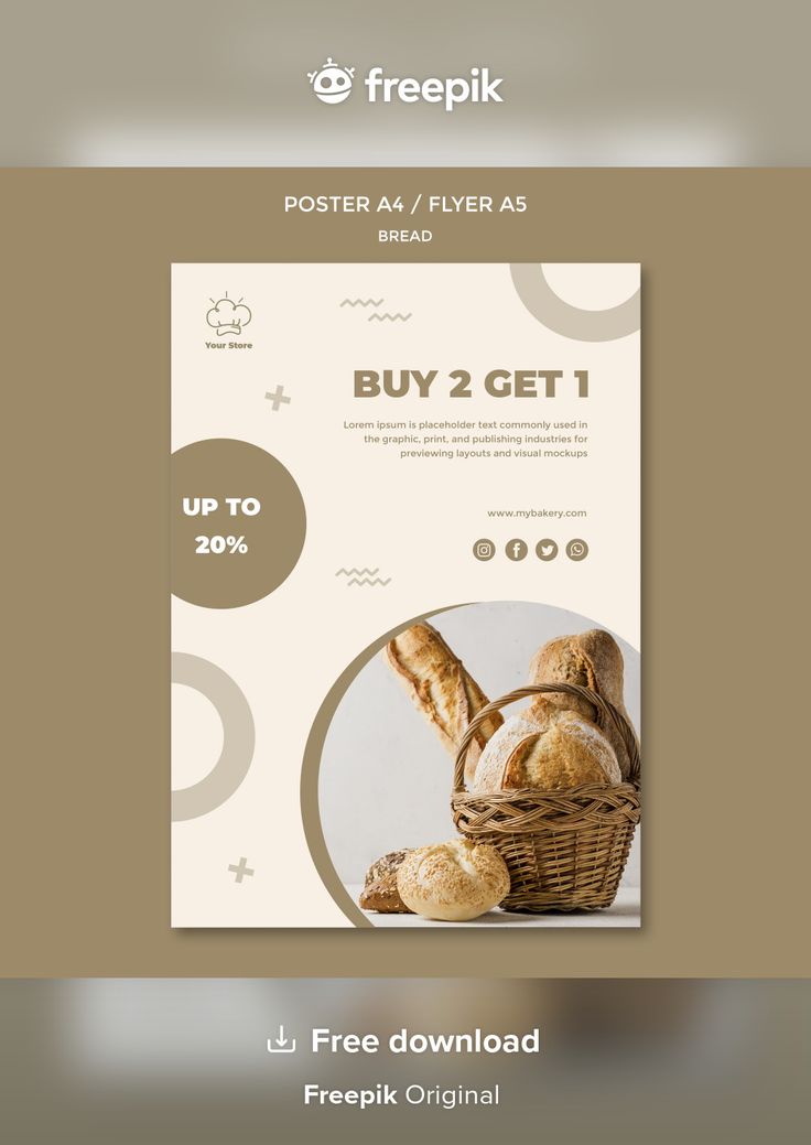 a flyer for a bakery with bread in a basket and the words buy 2 get 1 free