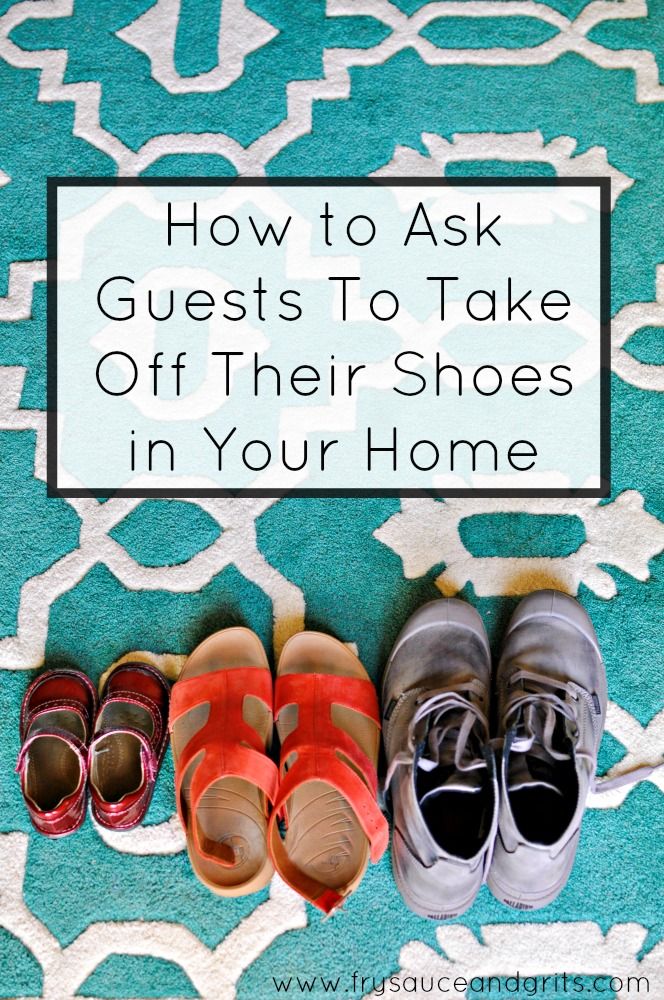 four pairs of shoes sitting on top of a rug with the words how to ask guests to take off their shoes in your home