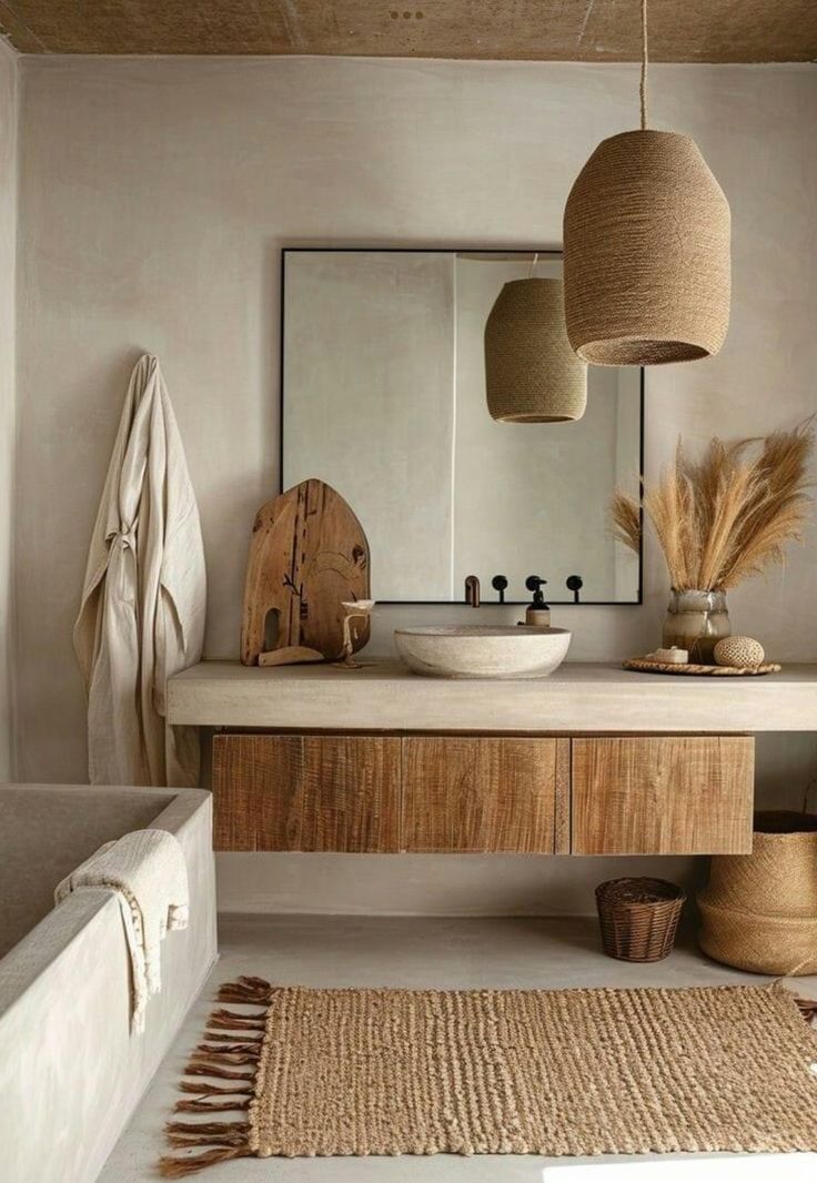 a bathroom with a sink, mirror and rugs on the floor in front of it