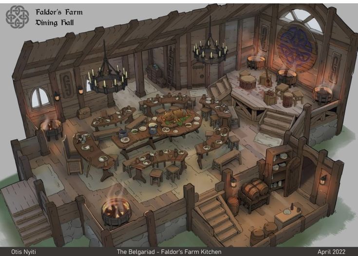 an artist's rendering of a tavern with tables and chairs