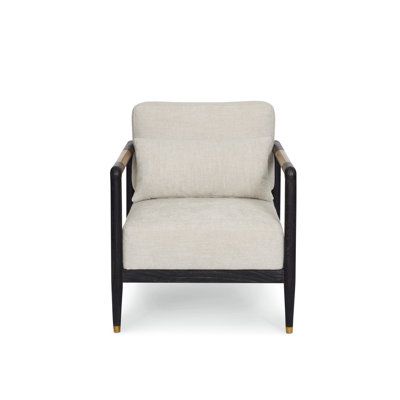 a beige chair with black legs and arm rests on a white background, it is isolated from the side