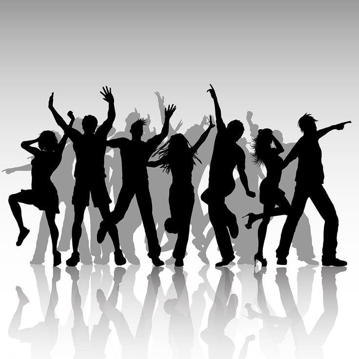 silhouettes of people dancing and jumping in the air