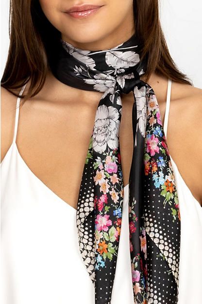 Conjuring up feelings of romance, the Redland Scarf is a fashion-forward approach to a time-honored accessory. This scarf is crafted from liquid-like silk and displays a vibrant floral pattern along the edges, which is brought to life by a contrasting monochromatic background. Finished with a bold striped border, this scarf can be tied around the neck or styled as a hair piece for a glamorous look. Women's Redland Scarf by Johnny Was, Silk, Floral Floral Scarves, Scarf Square, White Tassel, Boho Chic Outfits, Floral Scarf, Johnny Was, Hair Piece, Casual Wardrobe, Silk Scarf