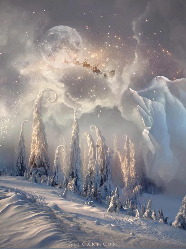 a painting of a snowy landscape with santa's sleigh in the sky