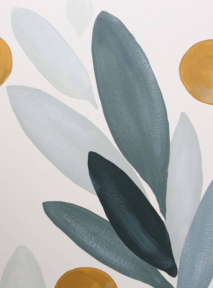 an abstract painting with leaves and oranges