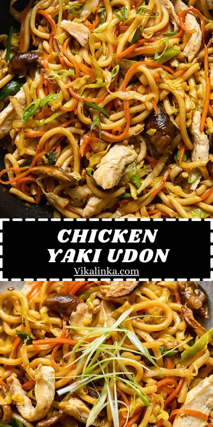 chicken yaki udon in a wok with noodles and vegetables on the side