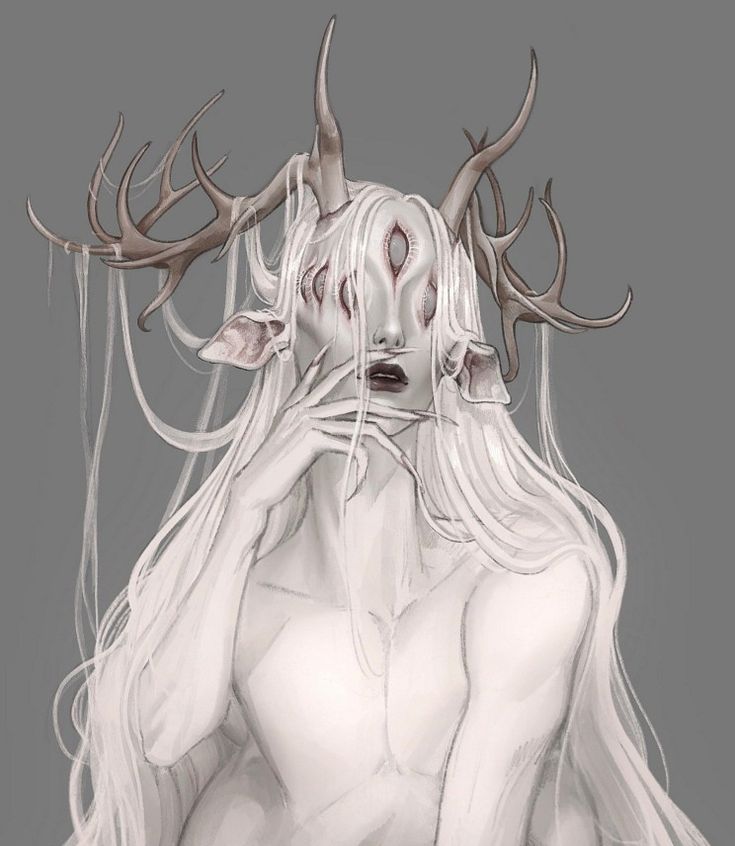 a drawing of a woman with horns on her head and long white hair, sitting in front of a gray background