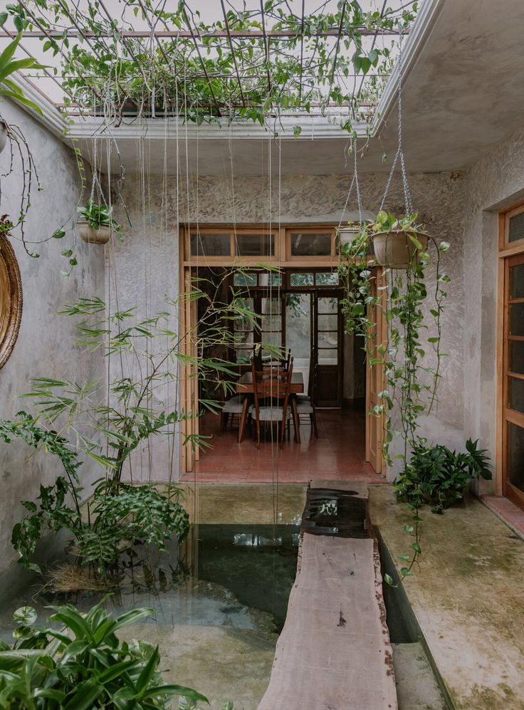 an indoor room with plants and a table in the center, surrounded by greenery