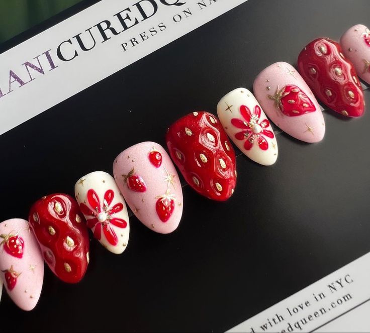 Cute Fake Nails, 3d Strawberry, Berry Nails, Strawberry Decor, Long Almond, Nails 3d, Summer Fresh, Kawaii Nails, Birthday Nails