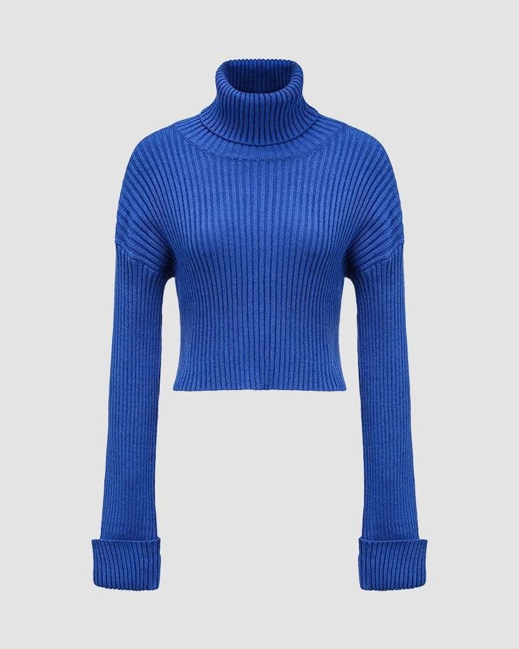 Details: Long-sleeve sweater with high collar designTop Length: CroppedSleeve Length: Long SleevesMaterials:95% Polyester + 5% Spandex High Neck Sweater With Ribbed Collar, Blue Turtleneck For Winter Layering, Blue Long Sleeve Turtleneck With Ribbed Cuffs, Blue Long Sleeve Turtleneck For Fall, High Stretch Cropped Top For Winter, Winter Blue Turtleneck With High Neck, Blue Knit Long Sleeve Turtleneck, Blue Ribbed Cuffs Turtleneck For Winter, Blue Turtleneck Sweater With Ribbed Cuffs