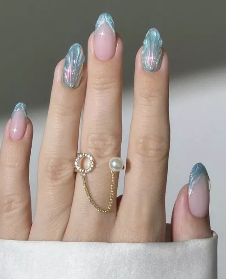 Seashell Nails, Sea Nails, Green Nail Art, Mermaid Vibes, Mermaid Glass, Green Nail Designs, Mermaid Nails, Builder Gel, Vacation Nails