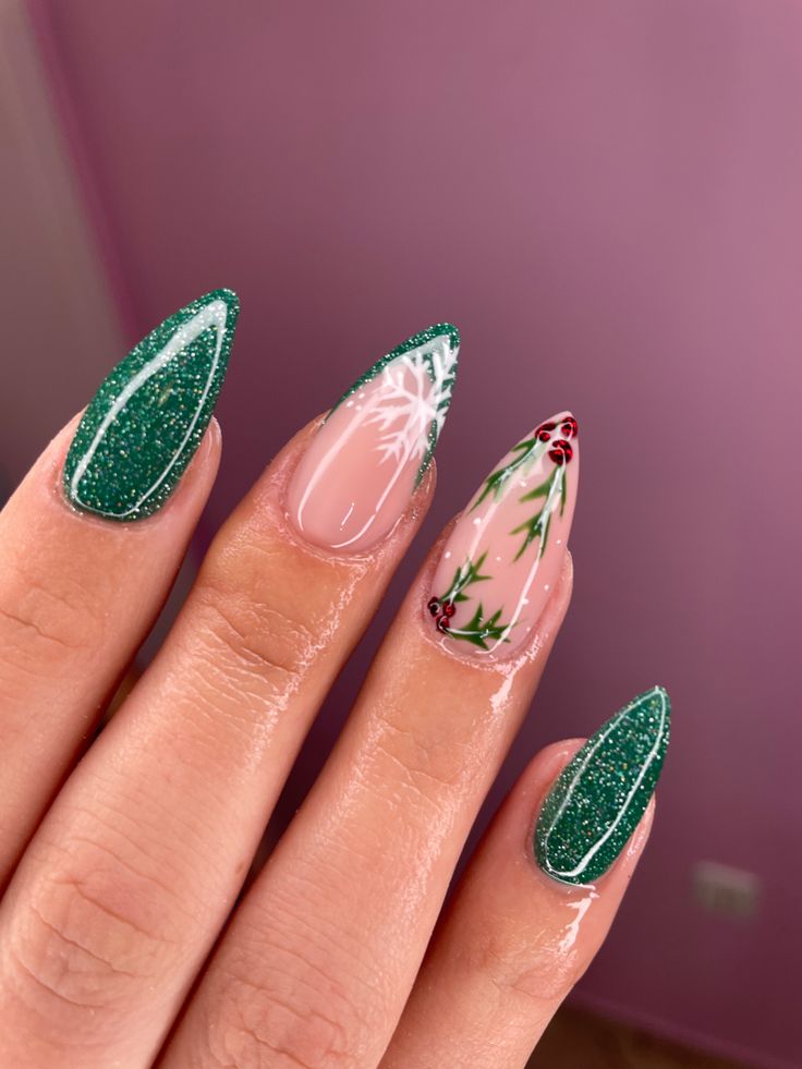 Woman nails with Christmas design in green colour Short Almond Acrylic Nails Christmas, Mistletoe Nail Design, Green Mistletoe Nails, Yuletide Nails, December Green Nails, Green Almond Nails Christmas, Almond Winter Acrylic Nails, Winter Nails Not Christmas, Christmas Nails Almond Green