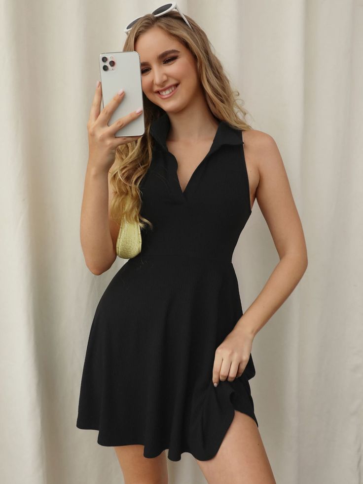 Black Casual  Sleeveless Polyester Plain Fit and Flare Embellished Slight Stretch Summer Women Dresses Coachella Dress, Vestidos Vintage, Knee Dress, Vestido Casual, Dress For Short Women, Dressy Casual, Vintage Skirt, Fit Flare Dress, Mini Black Dress