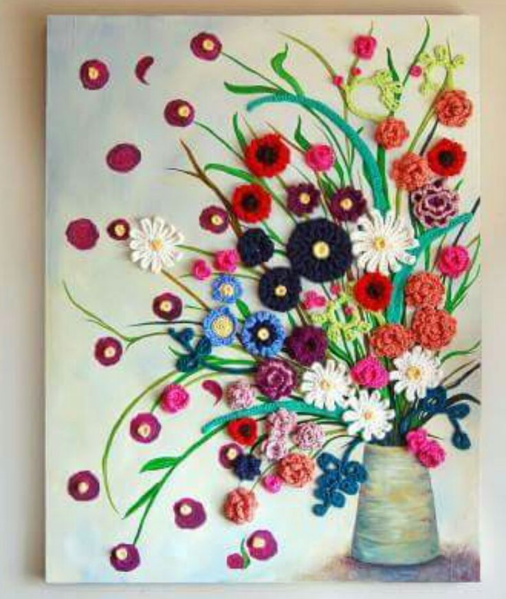 a painting of flowers in a vase on a white tablecloth with red and blue dots