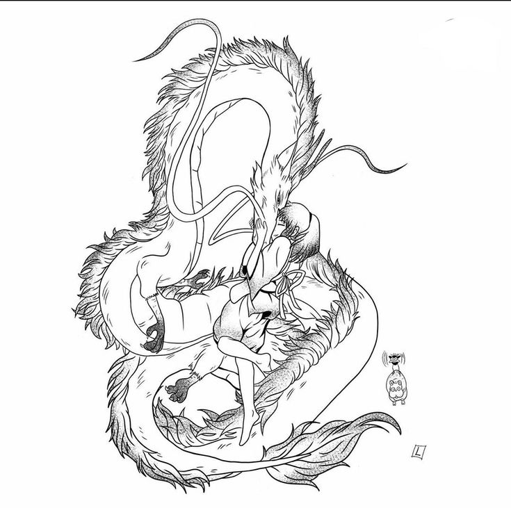 a black and white drawing of a dragon with two people on it's back