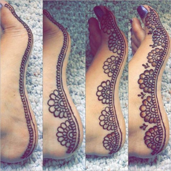 four pictures of feet with henna designs on the top and bottom, along with three different steps