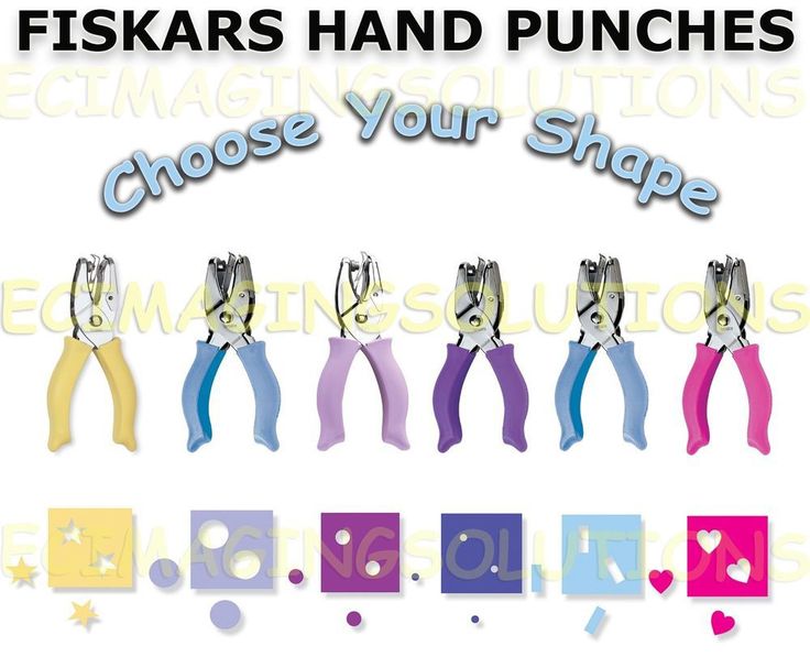 several pairs of scissors are shown with the words, fiskars hand punchers choose your shape