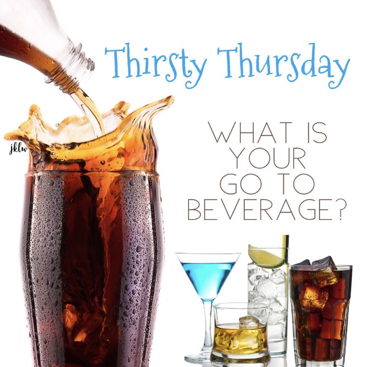 an advertisement for thirsty thursday with drinks in glasses and ice cubes