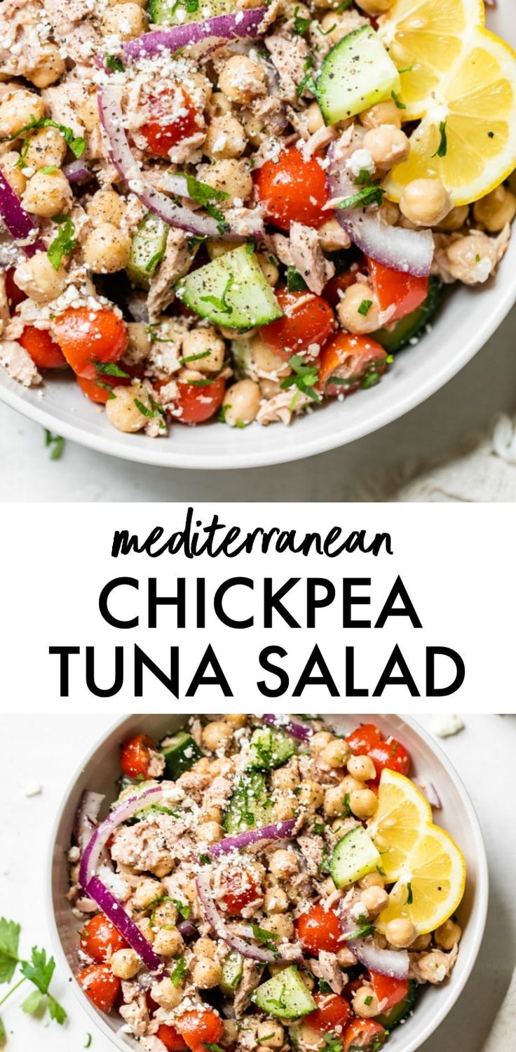 this mediterranean chickpea tuna salad is loaded with fresh vegetables and lots of protein