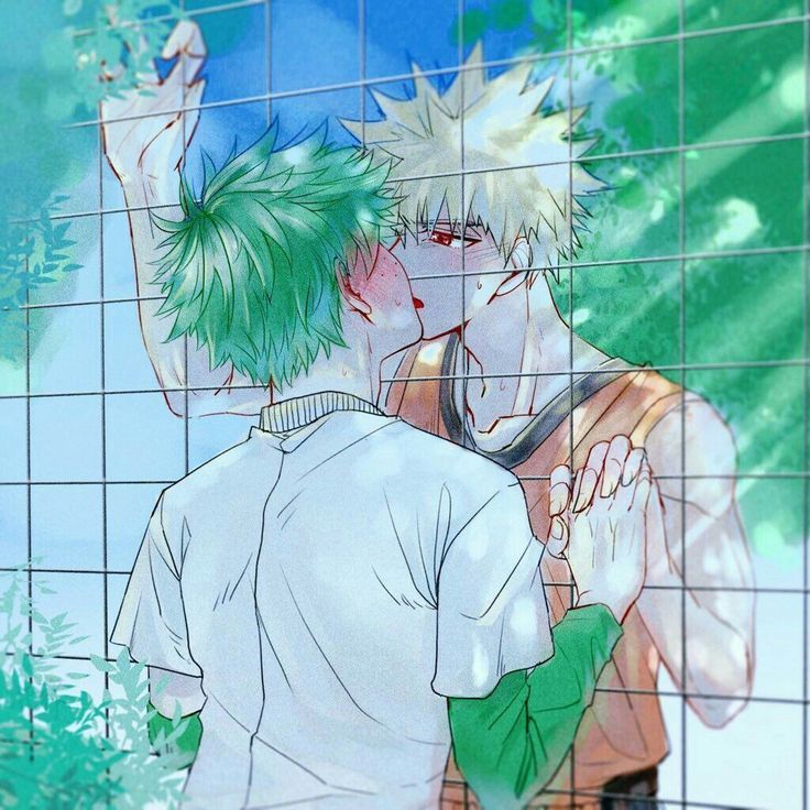 two anime characters standing in front of a tiled wall with green leaves on it and one is kissing the other