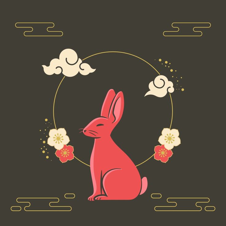 a red rabbit sitting in front of a black background with clouds and flowers around it