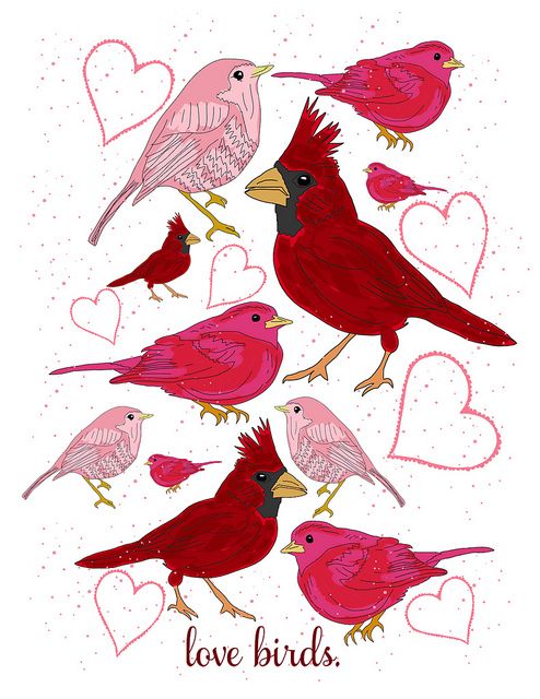 four red birds with hearts and the words love birds written in pink on white paper