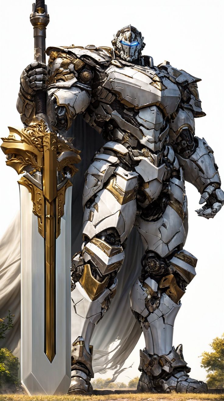 Fantasy Mech Art, Robot Knight Concept Art, Mech Armor Suits, Cool Armor Designs, Giant Swords Fantasy, Mech Armor Concept Art, Mechs Concept Art, Power Armor Art, Mecha Design Concept Art