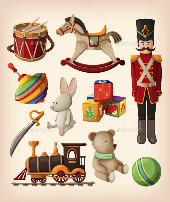 an illustration of various toys for children to play with on the train or toy car