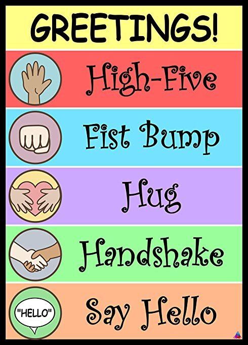 a poster with the words greetings high five fist bump hug handshak say hello