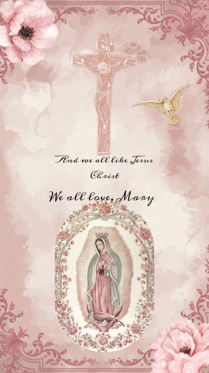 an image of the immaculate mary with pink flowers and a cross in the background,