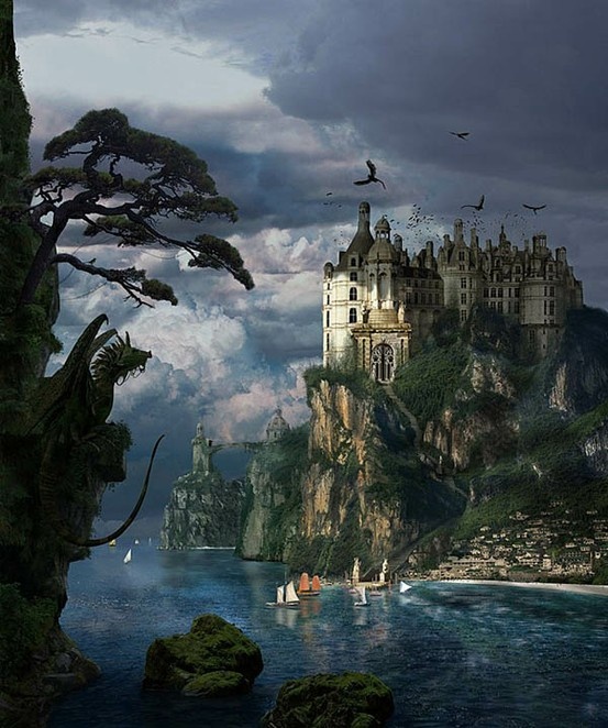 an image of a castle that is on top of a hill by the ocean with birds flying over it