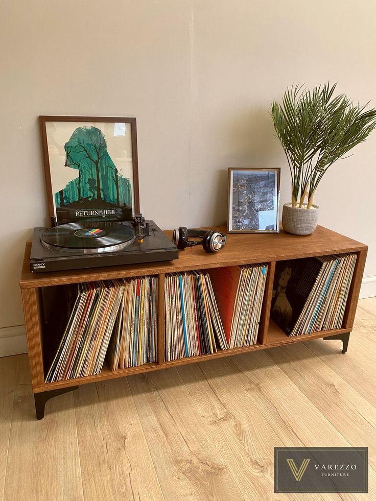 a record player sitting on top of a wooden shelf next to a potted plant