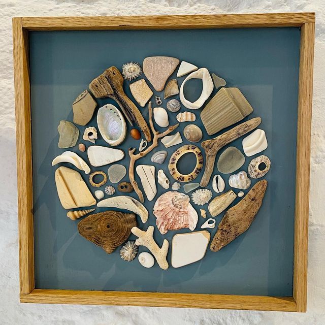 a wooden frame with various seashells in it