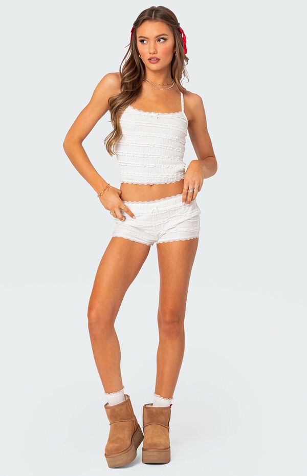 Edikted Lucy Ruffled Lace Shorts | PacSun White Ruffle Shorts, Bloomer Shorts, White Lace Romper, Summer Closet, Bloomers Shorts, Ruffle Shorts, Lace Romper, New Wardrobe, Low Waist