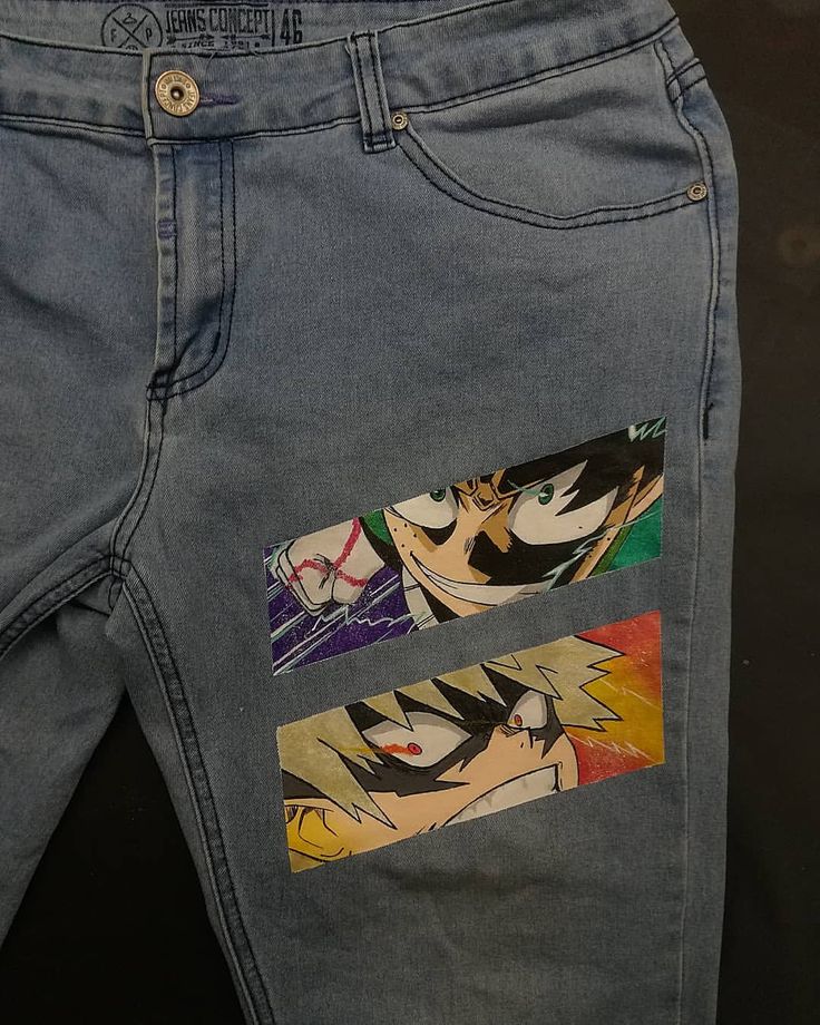 Deku Vs Bakugou, Anime Pants, Aesthetic Jeans, Painted Clothes Diy, Denim Art, Diy Vetement, Custom Jeans, Anime Inspired Outfits, Painted Jeans