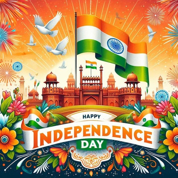 happy independence day with india flag and fireworks