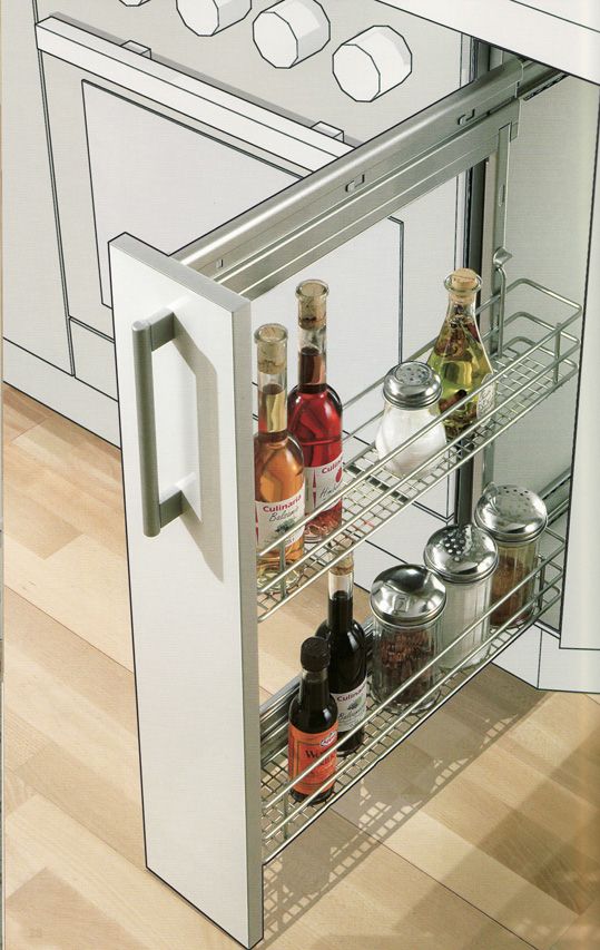 an open cabinet with spices and condiments in it