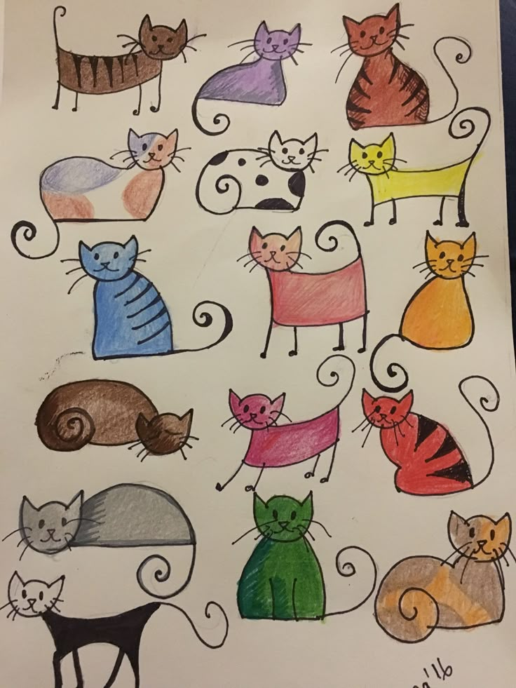 a drawing of cats with different colors and sizes