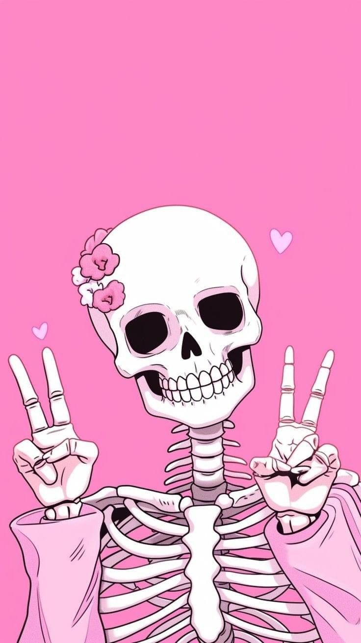 a skeleton holding up two fingers in front of a pink background with the word love written on