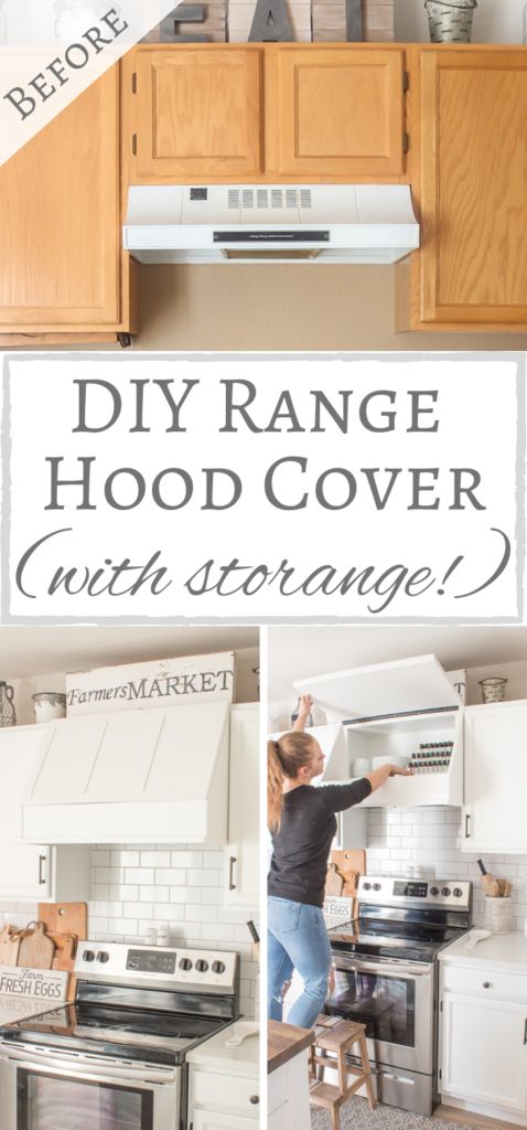 a woman standing on top of a stool in front of an oven and stove with the words diy range hood cover over it