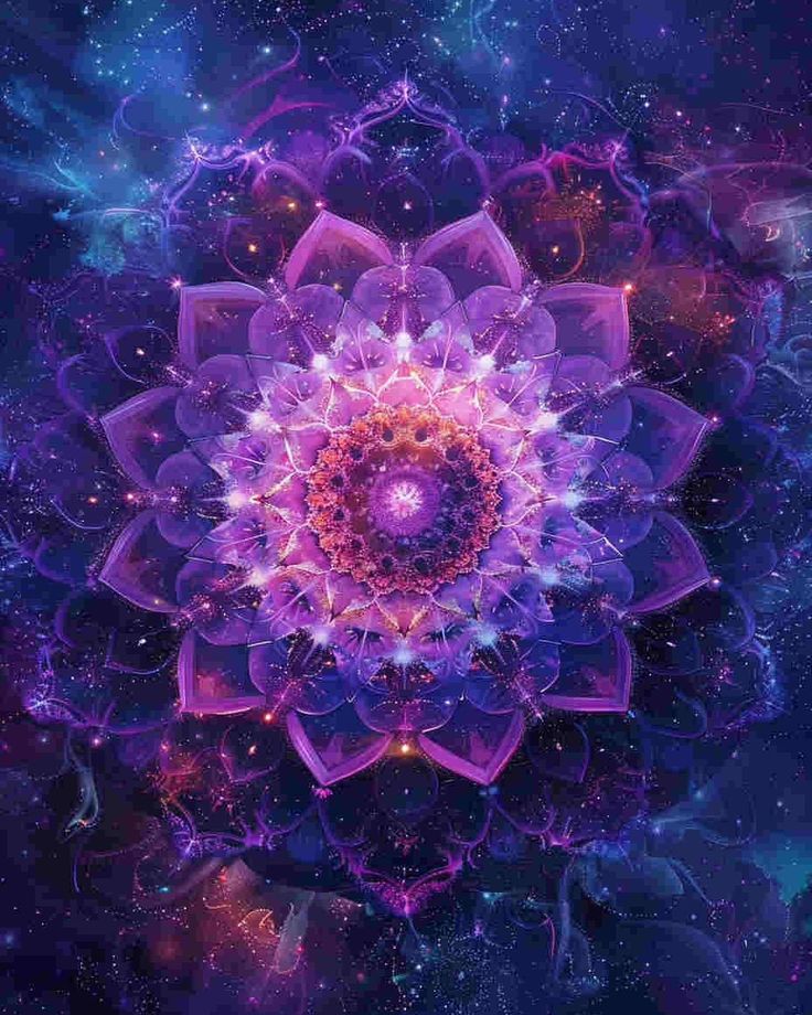 an image of a purple flower in the middle of space with blue and pink colors