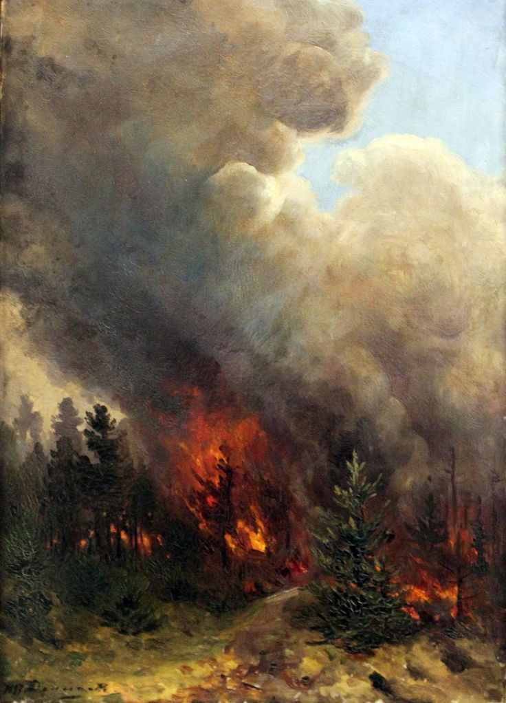 an oil painting of a forest fire