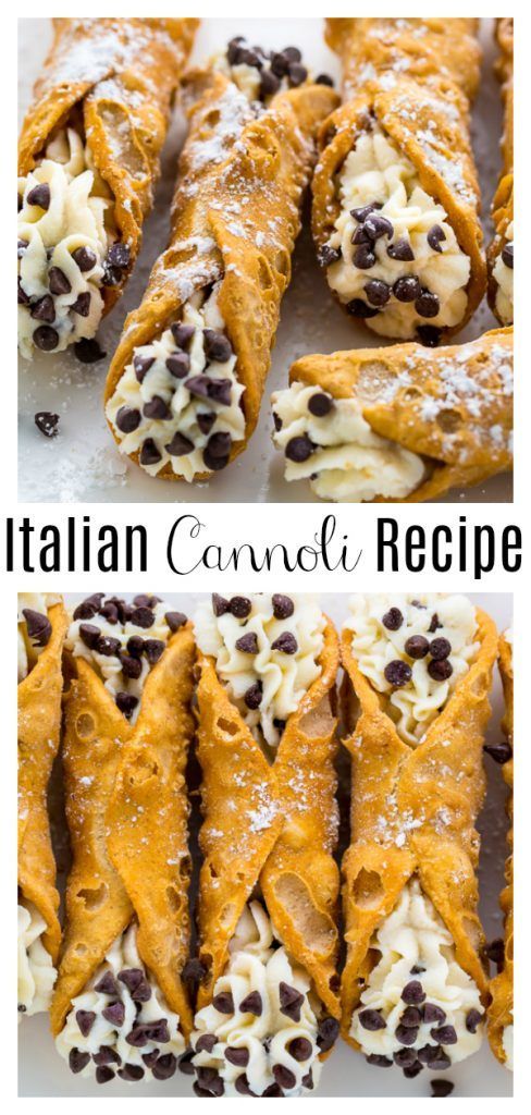 italian cannoli recipe with chocolate chips on top and in the middle, cut into triangles