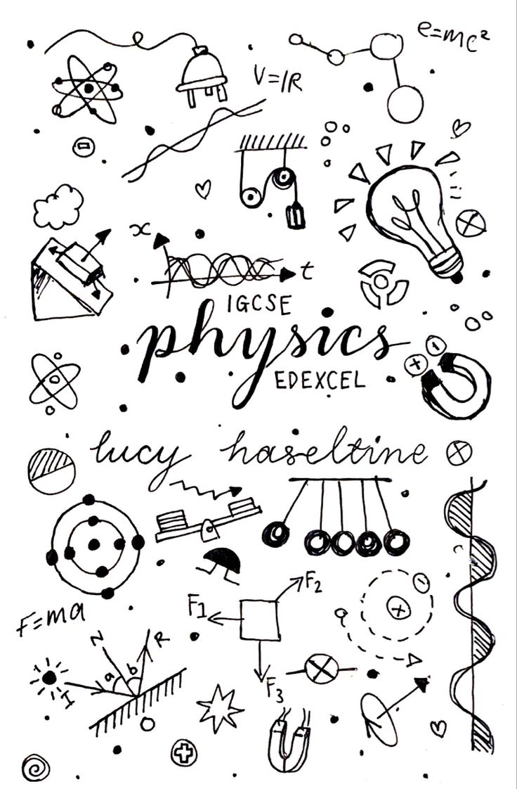 a black and white drawing with the words physics written in cursive writing on it