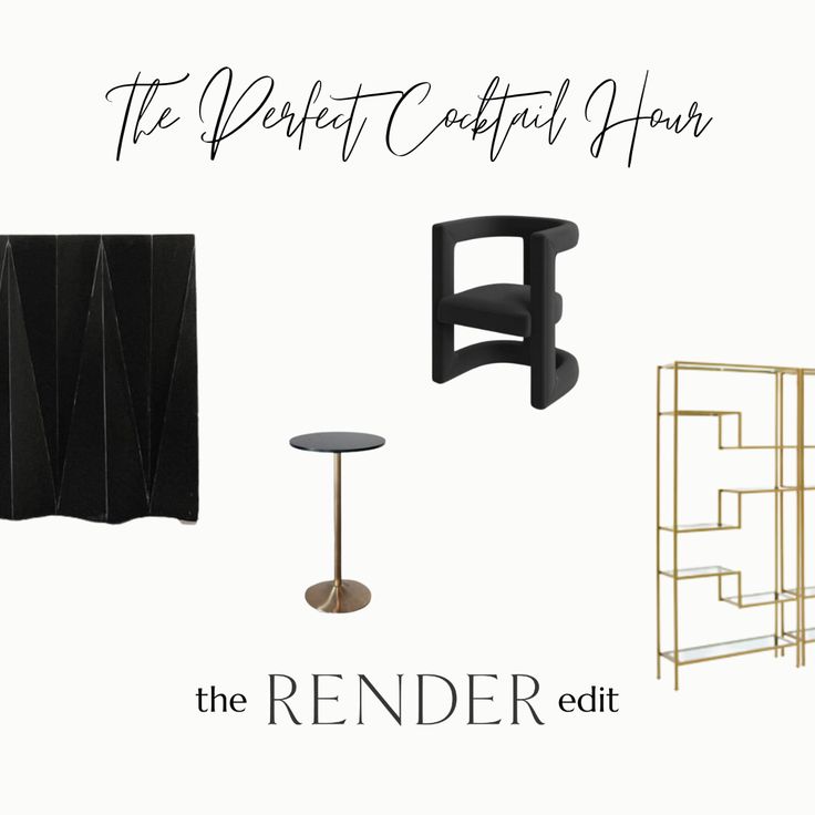 the renderer edit features black and white furniture, gold accents, and an art deco table