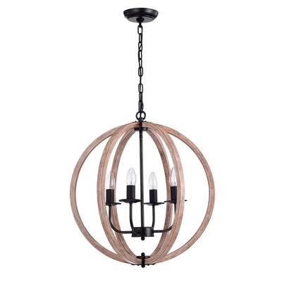 a wooden orb chandelier hanging from the ceiling with four candle holders in it