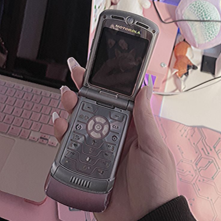 a person holding a cell phone in front of a laptop on a pink table with flowers