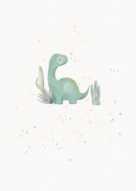 a watercolor painting of a green dinosaur sitting on top of a cacti