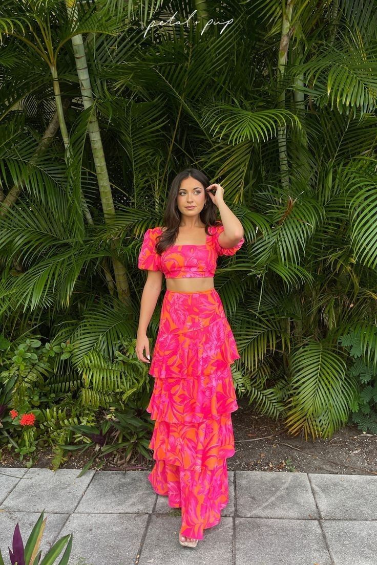 Floral 2 Piece Outfit, Two Piece Ruffle Skirt Set, Tropical Long Skirt Outfit, Colourful Two Piece Outfit, Maxi Two Piece Set, Two Piece Floral Outfit, Maxi Skirt Coord, Floral Sets Outfit, 3 Piece Beach Outfit